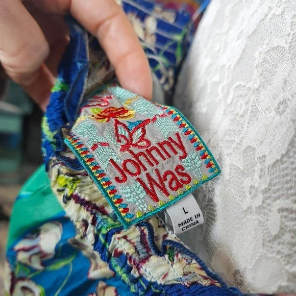 Johnny Was 100% Silk Handkerchief Dress L Boho‎ Floral Patchwork Maxi FLAW - Picture 10 of 11